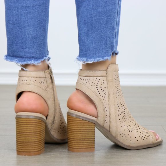 Taupe Laser Cut Design Open Toe Ankle Boots - Picture 2 of 7